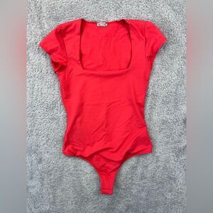 Intimately Free People Square Neck Bodysuit Thong Lined Snap Crotch Bright Red S
